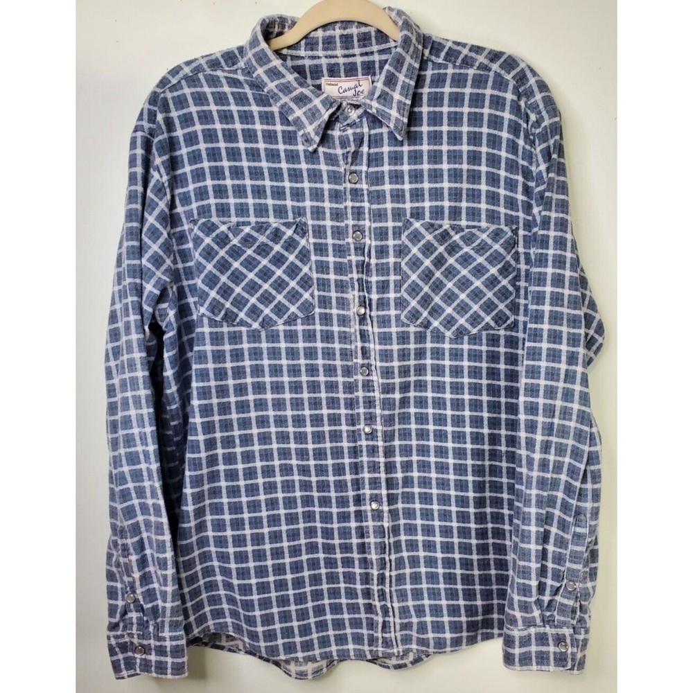 Haband Casual Joe‎ Men's Large Blue/White Flannel Long Sleeve Shirt Pearl Snaps